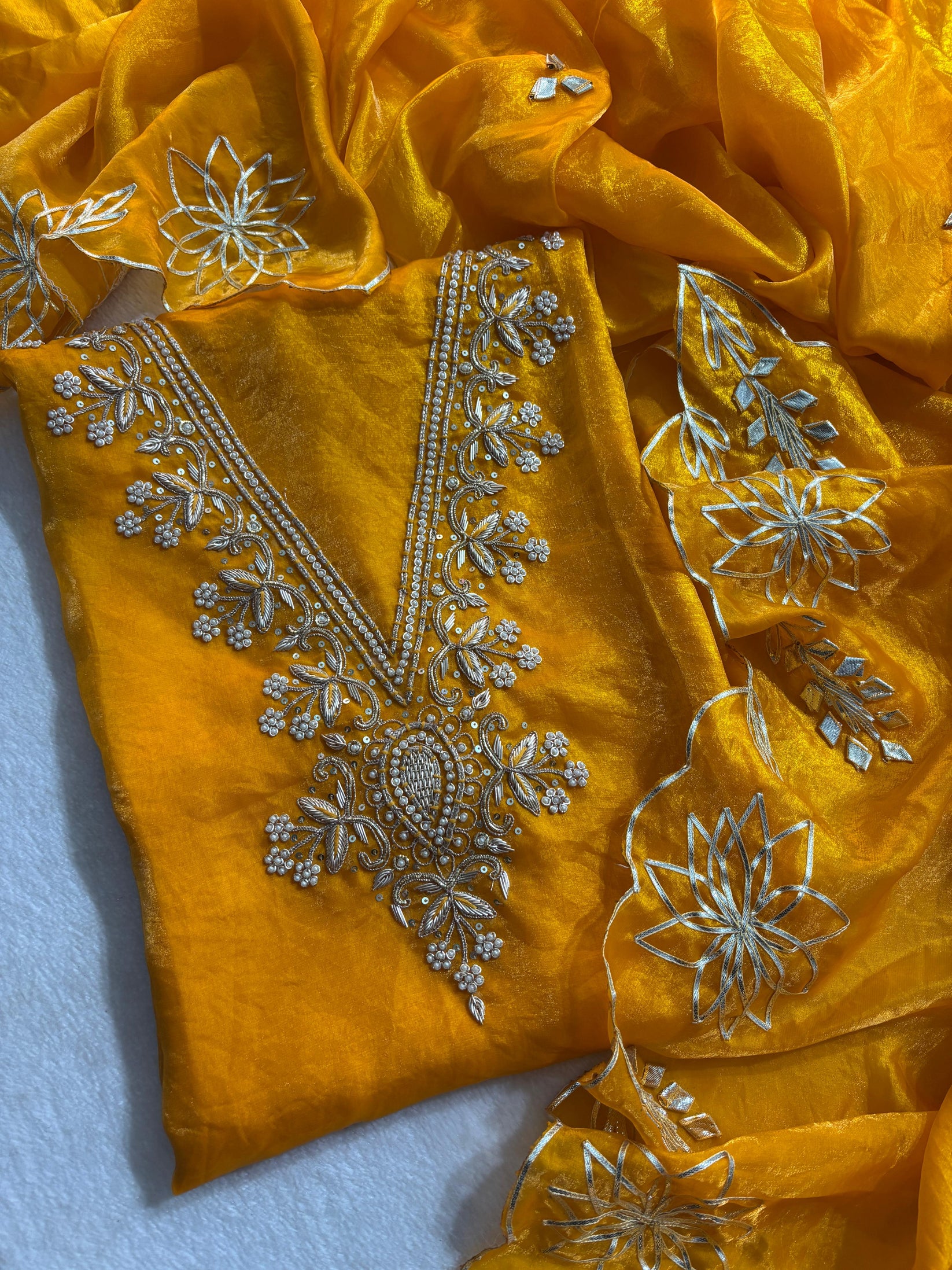 Premium Crush tissue Unstitched Suit Zardogi Work With Gota Patti Duptta SKU:
