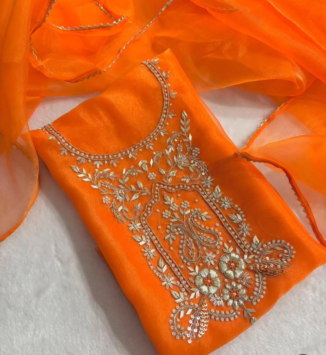 Pure Organza unstitched Suit With Zardozi Work Dupatta SKU: