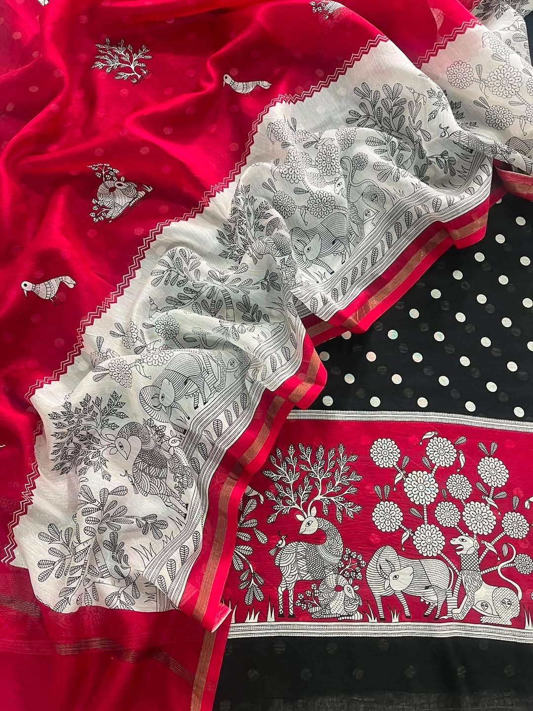 Black-Red Maheshwari Suit Set