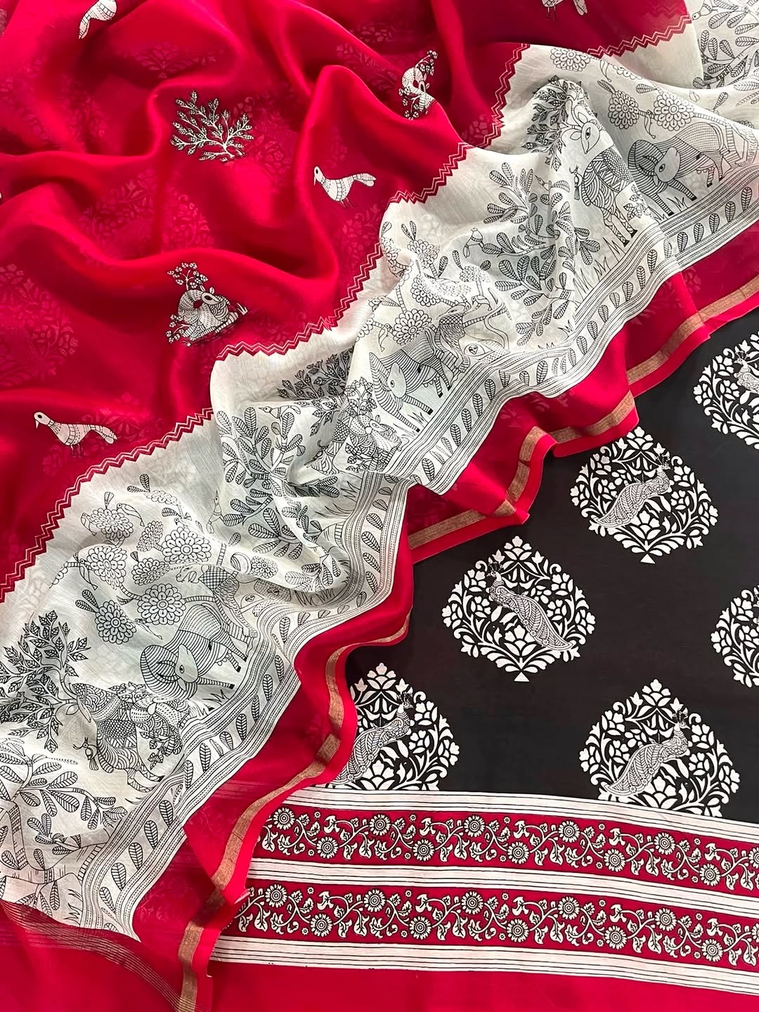 Black-Red Maheshwari Suit Set