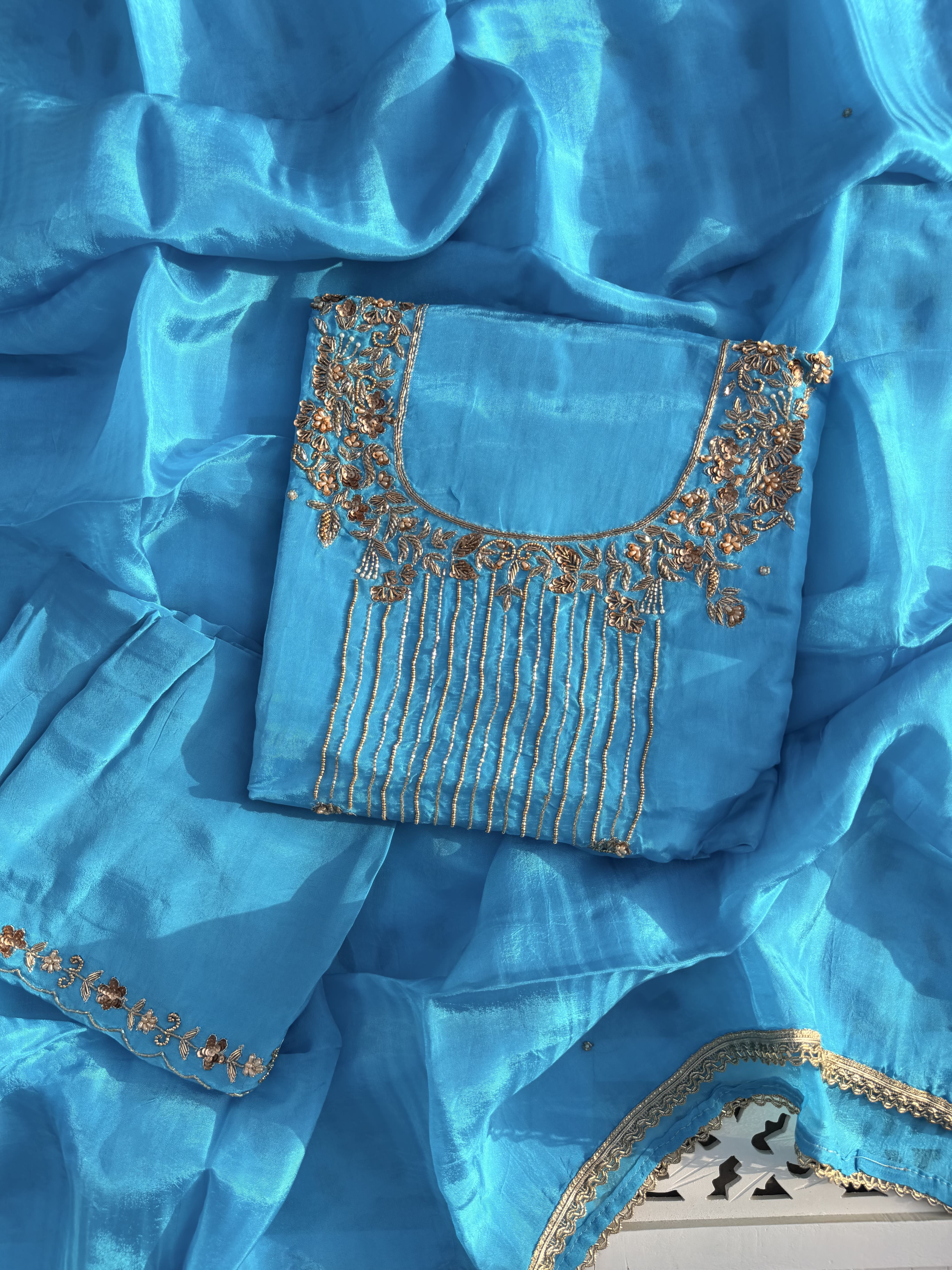 Sky Blue Hand Embroidered Organza Suit