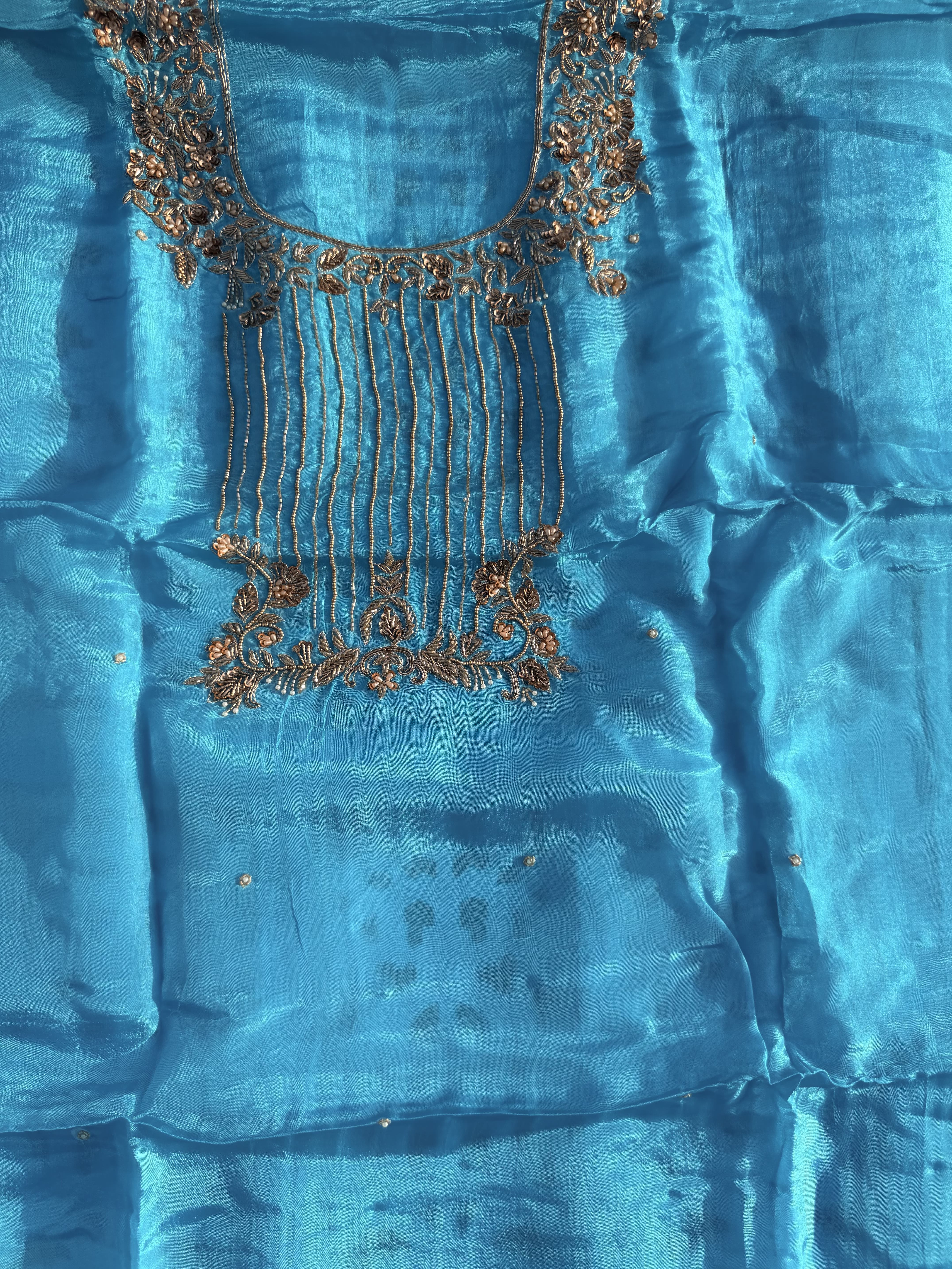 Sky Blue Hand Embroidered Organza Suit