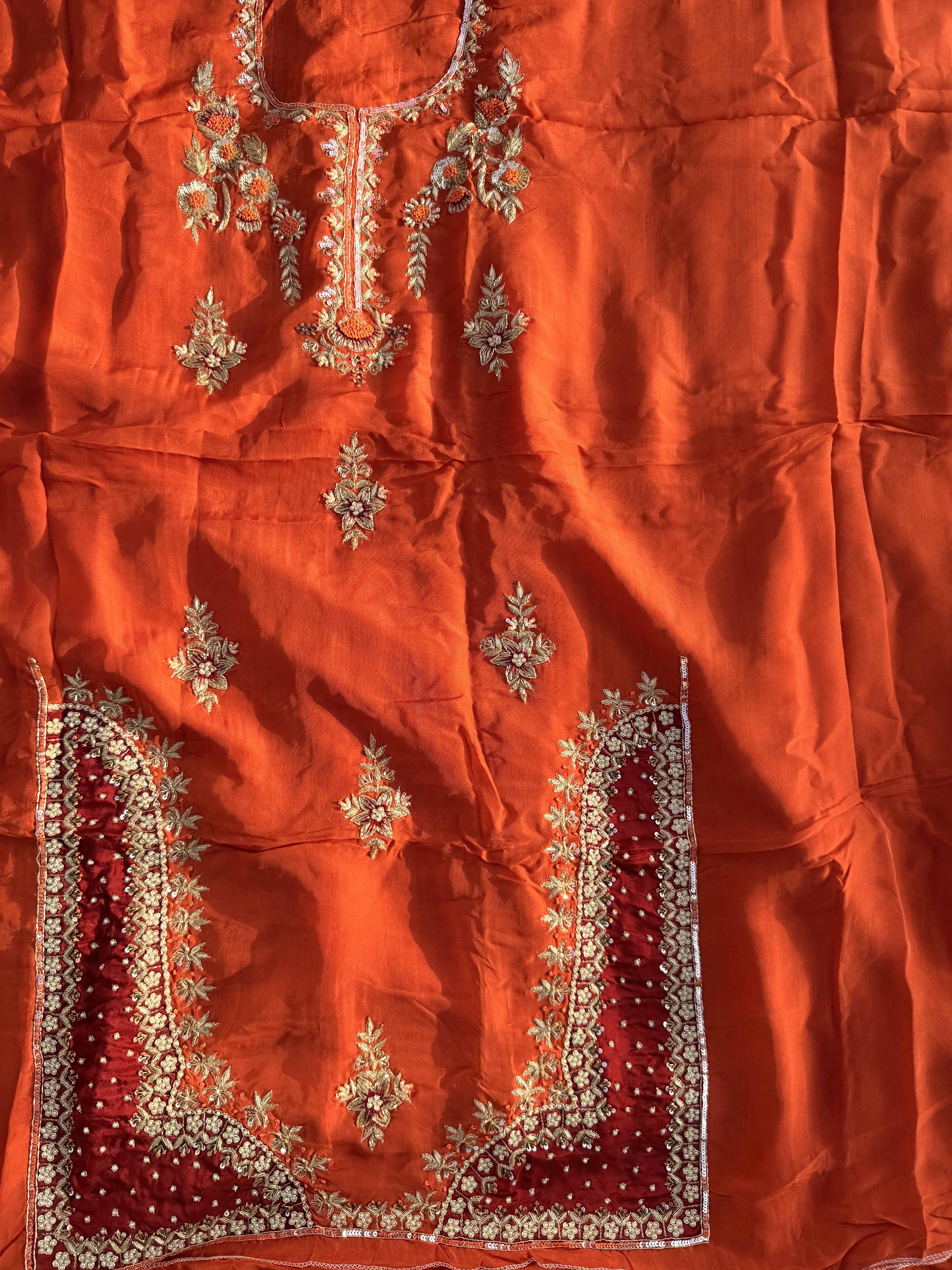 Rust Orange & Crimson Maroon Hand Embroidered Suit