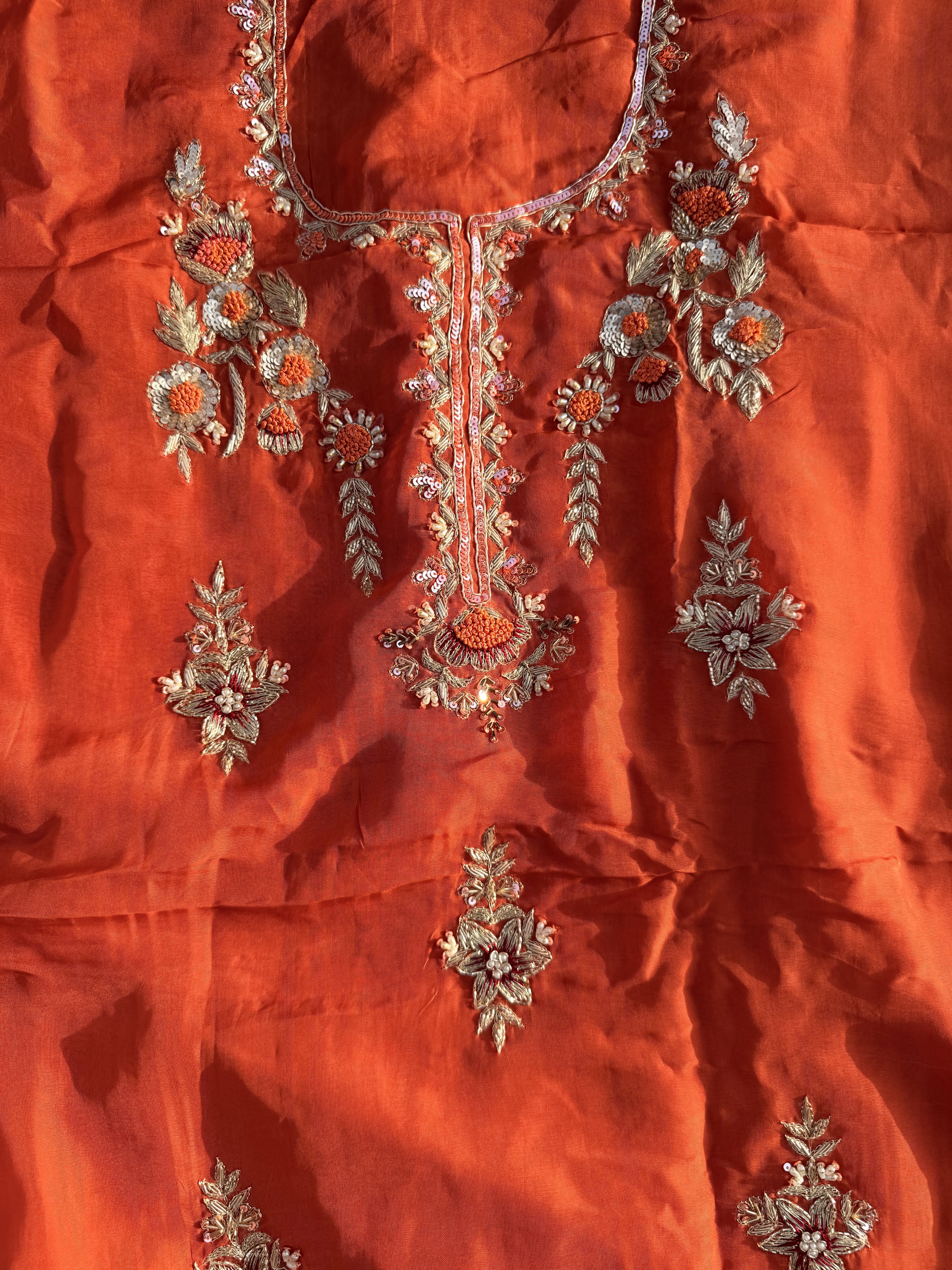 Rust Orange & Crimson Maroon Hand Embroidered Suit