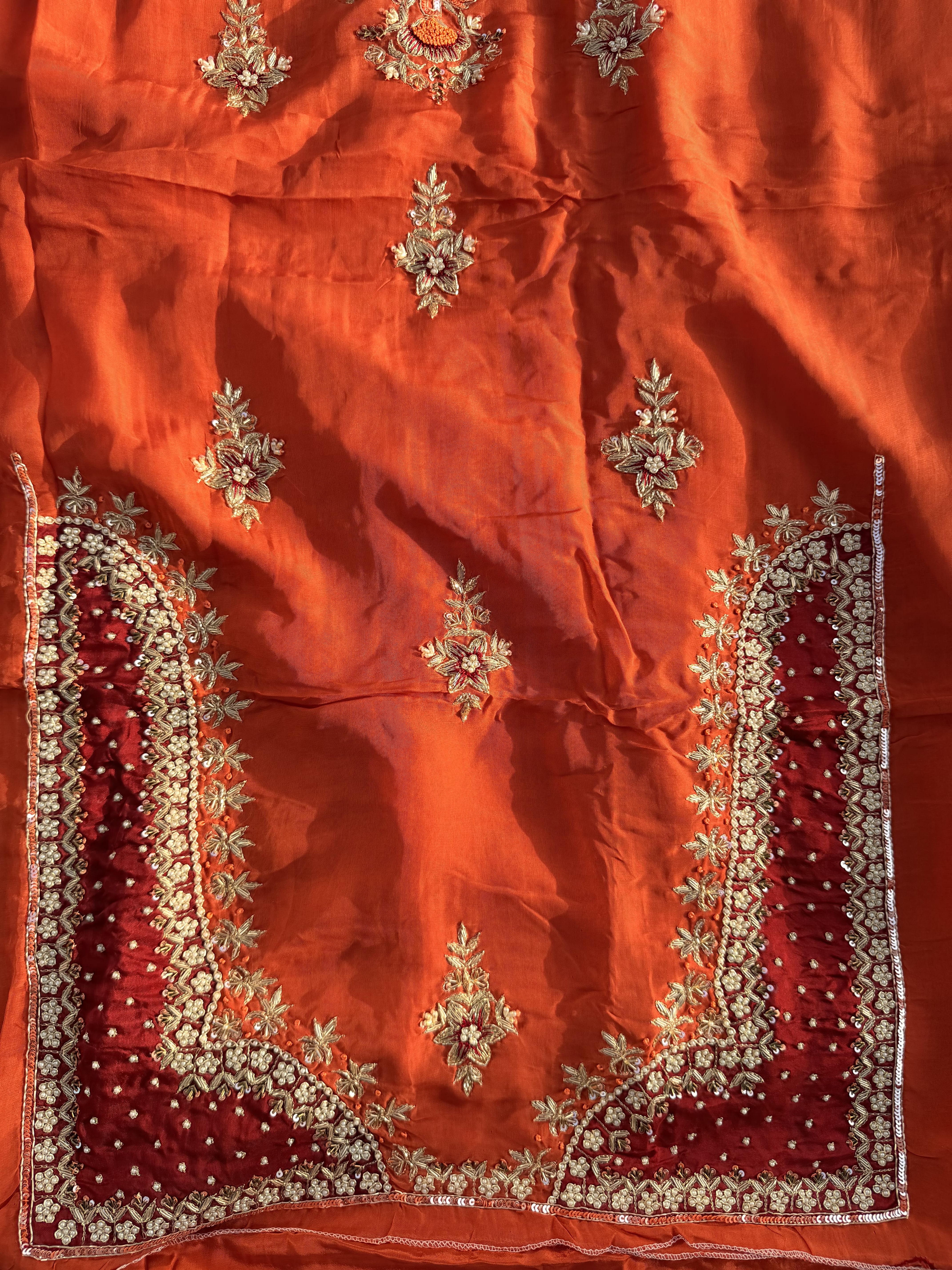 Rust Orange & Crimson Maroon Hand Embroidered Suit