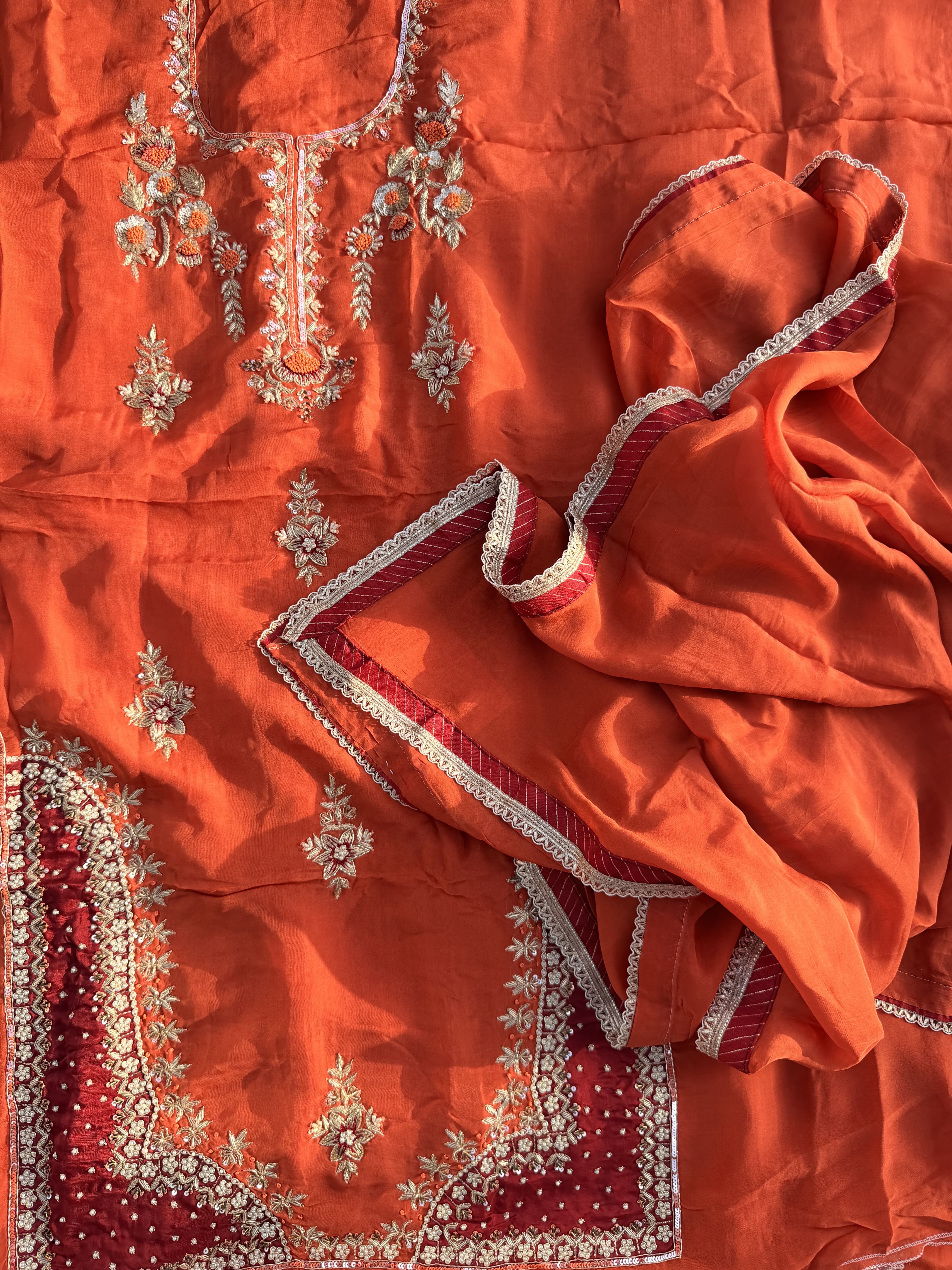 Rust Orange & Crimson Maroon Hand Embroidered Suit