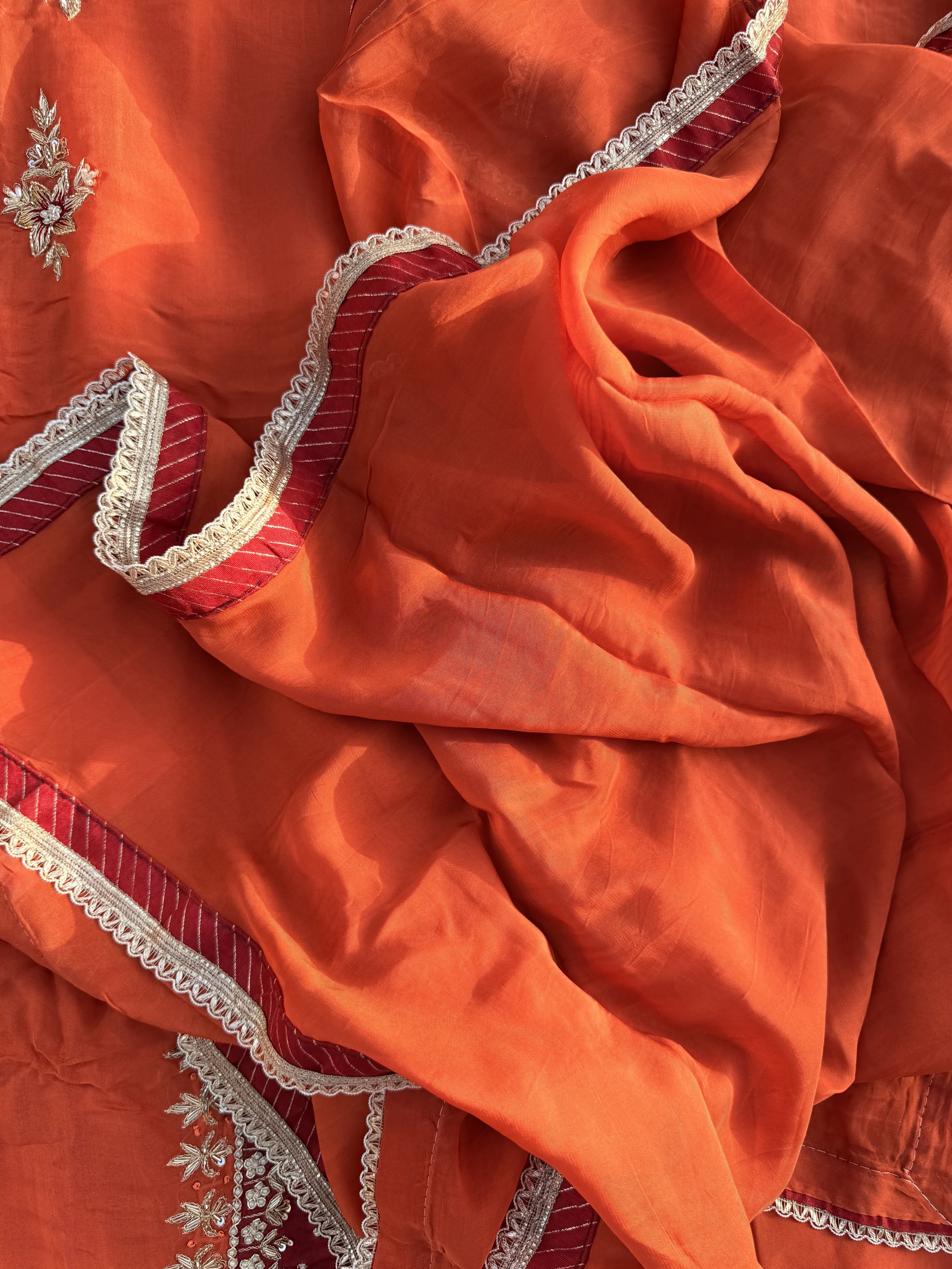 Rust Orange & Crimson Maroon Hand Embroidered Suit