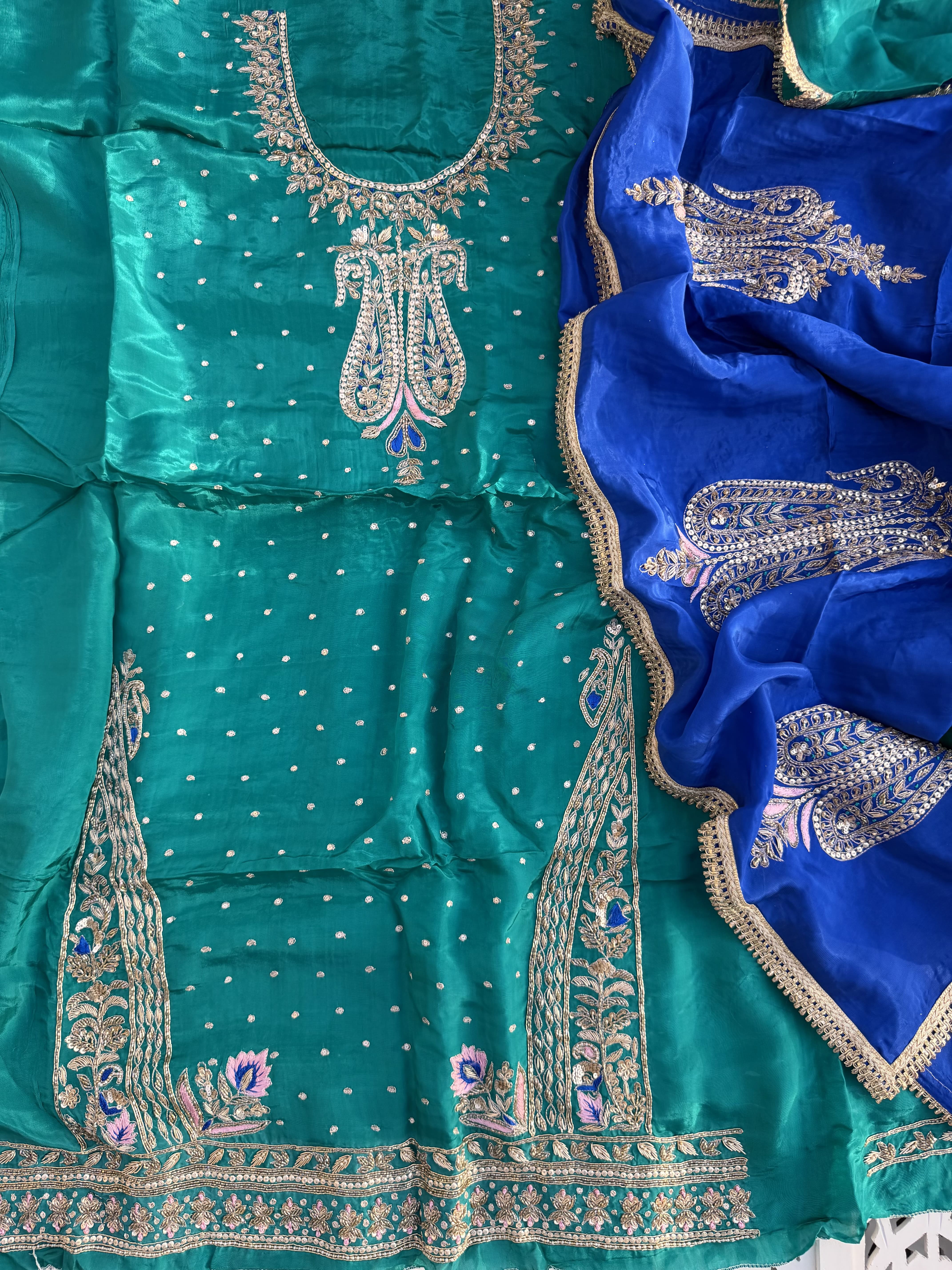 Teal Green & Royal Blue Hand Embroidered Suit