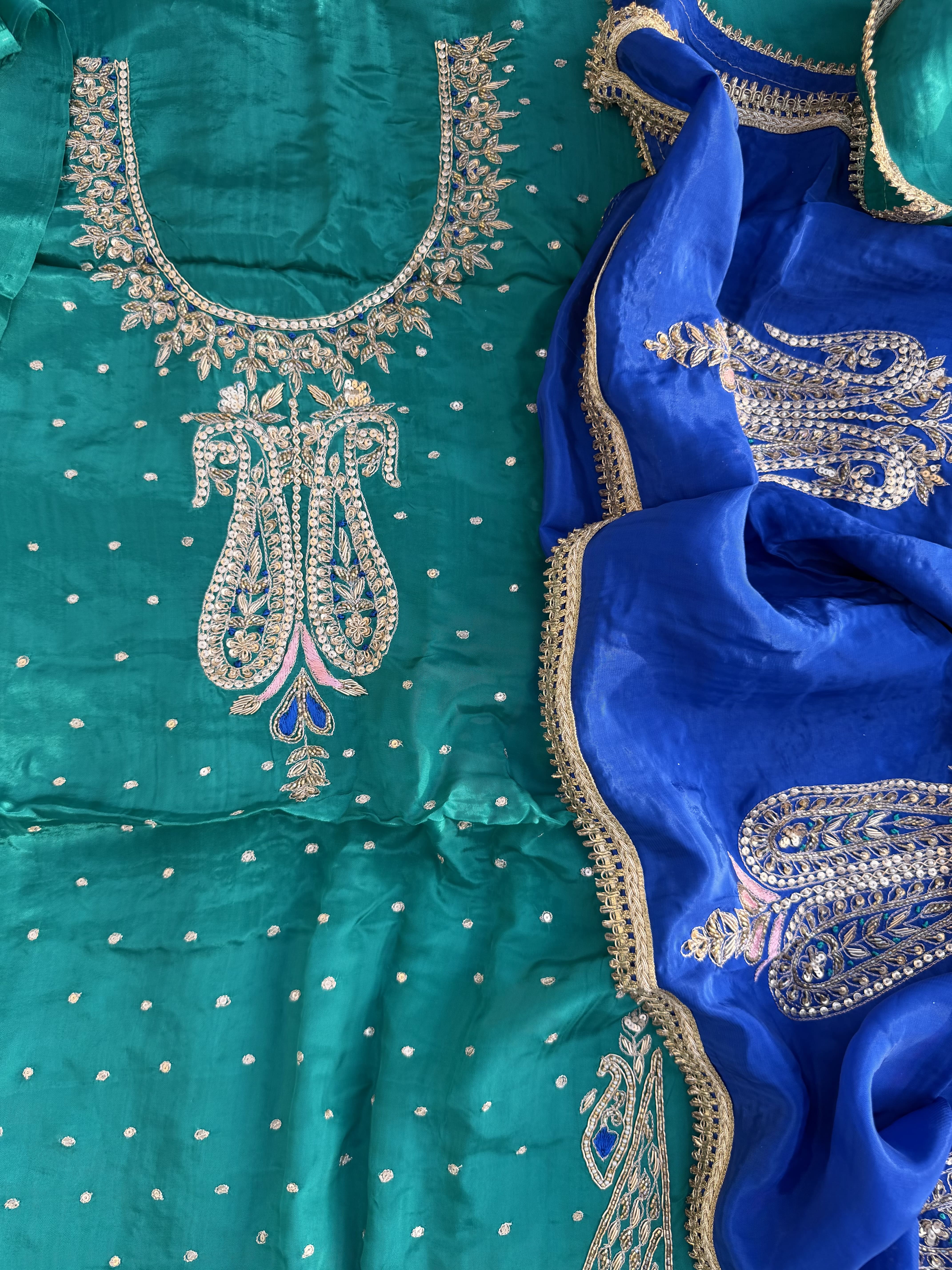 Teal Green & Royal Blue Hand Embroidered Suit