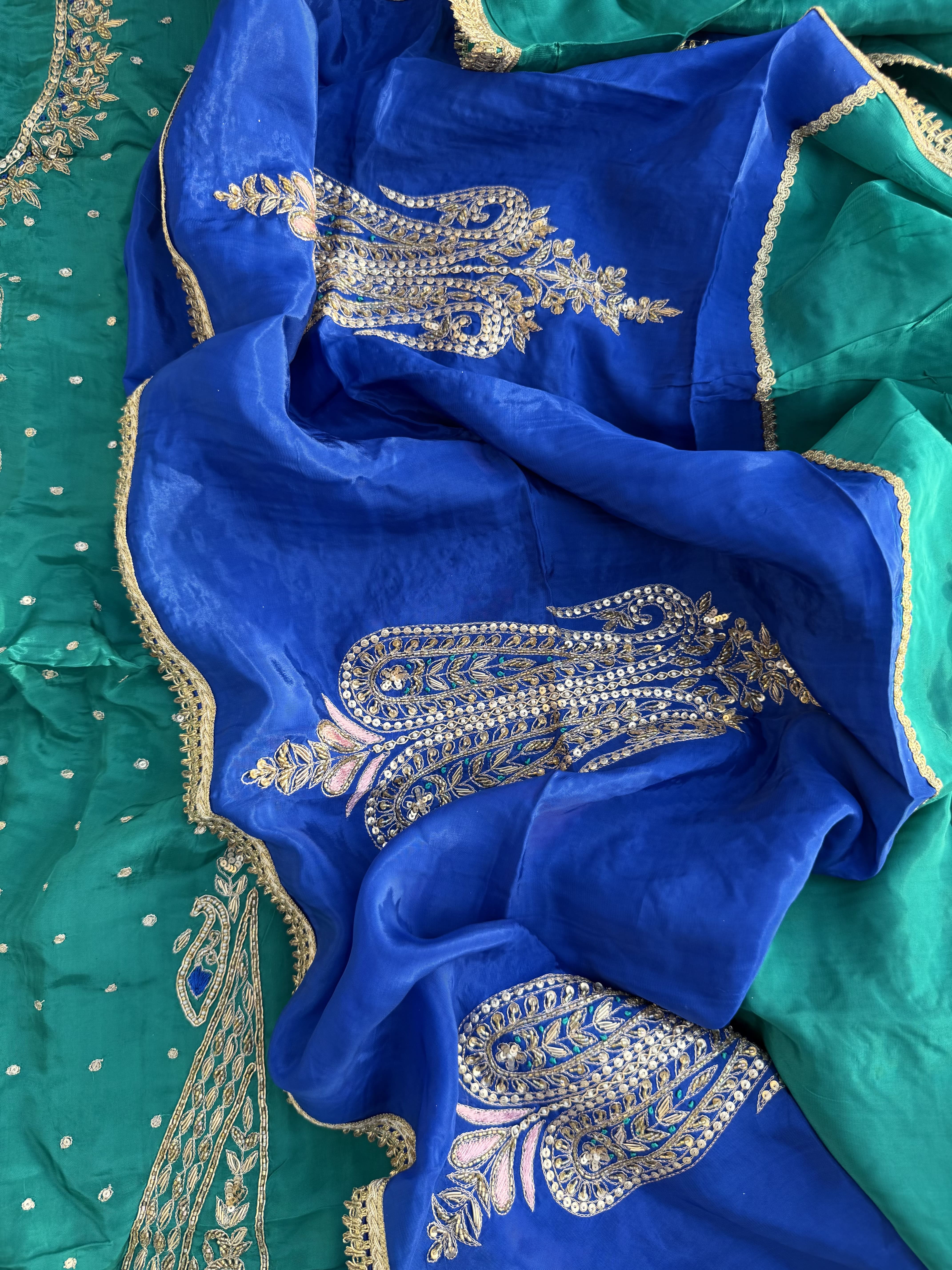 Teal Green & Royal Blue Hand Embroidered Suit