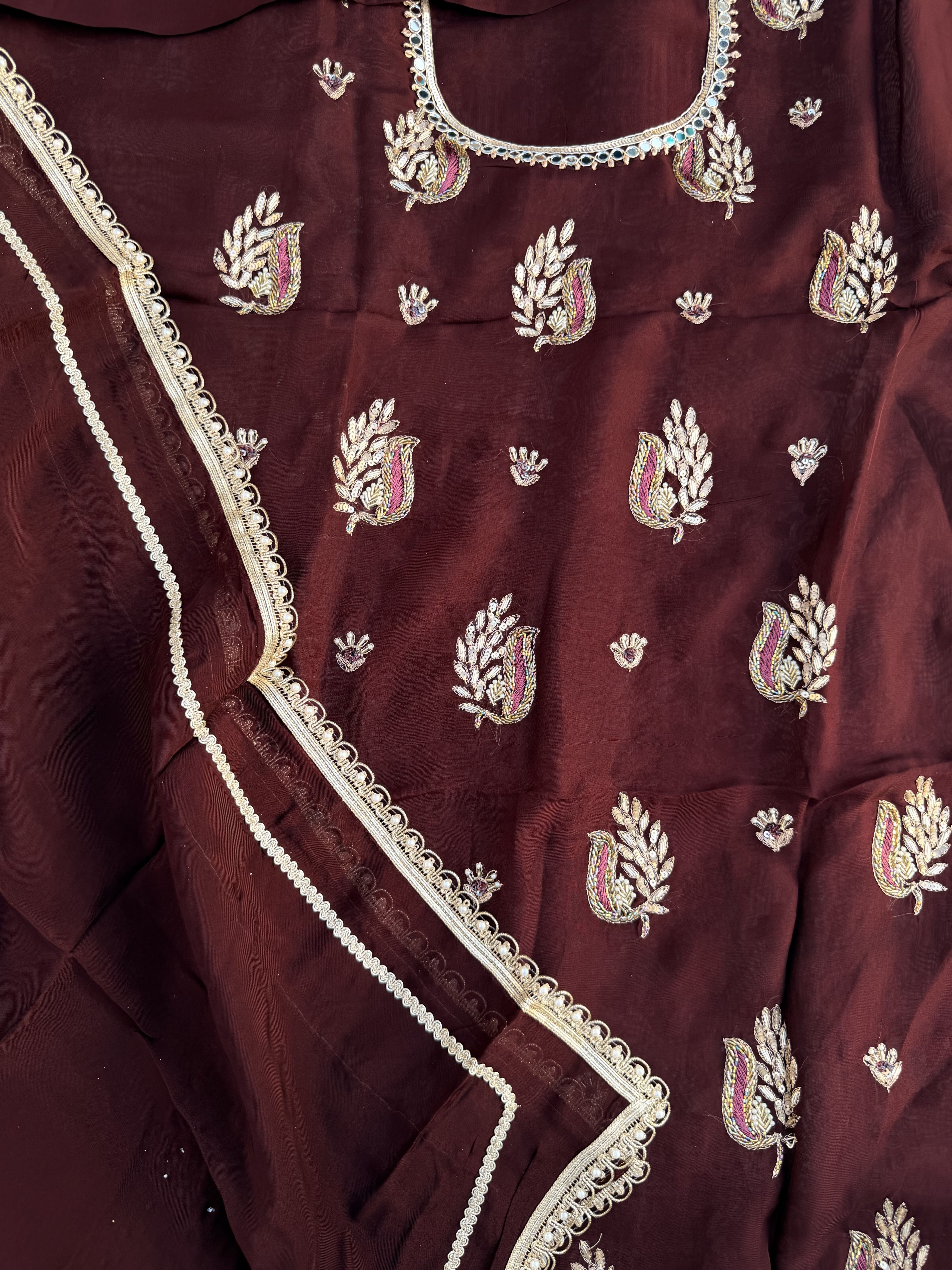 Wine Embroidered Booti Suit