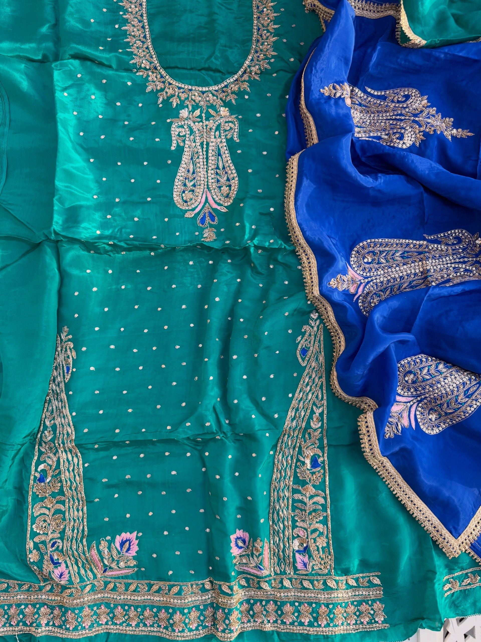 Teal Green & Royal Blue Hand Embroidered Suit