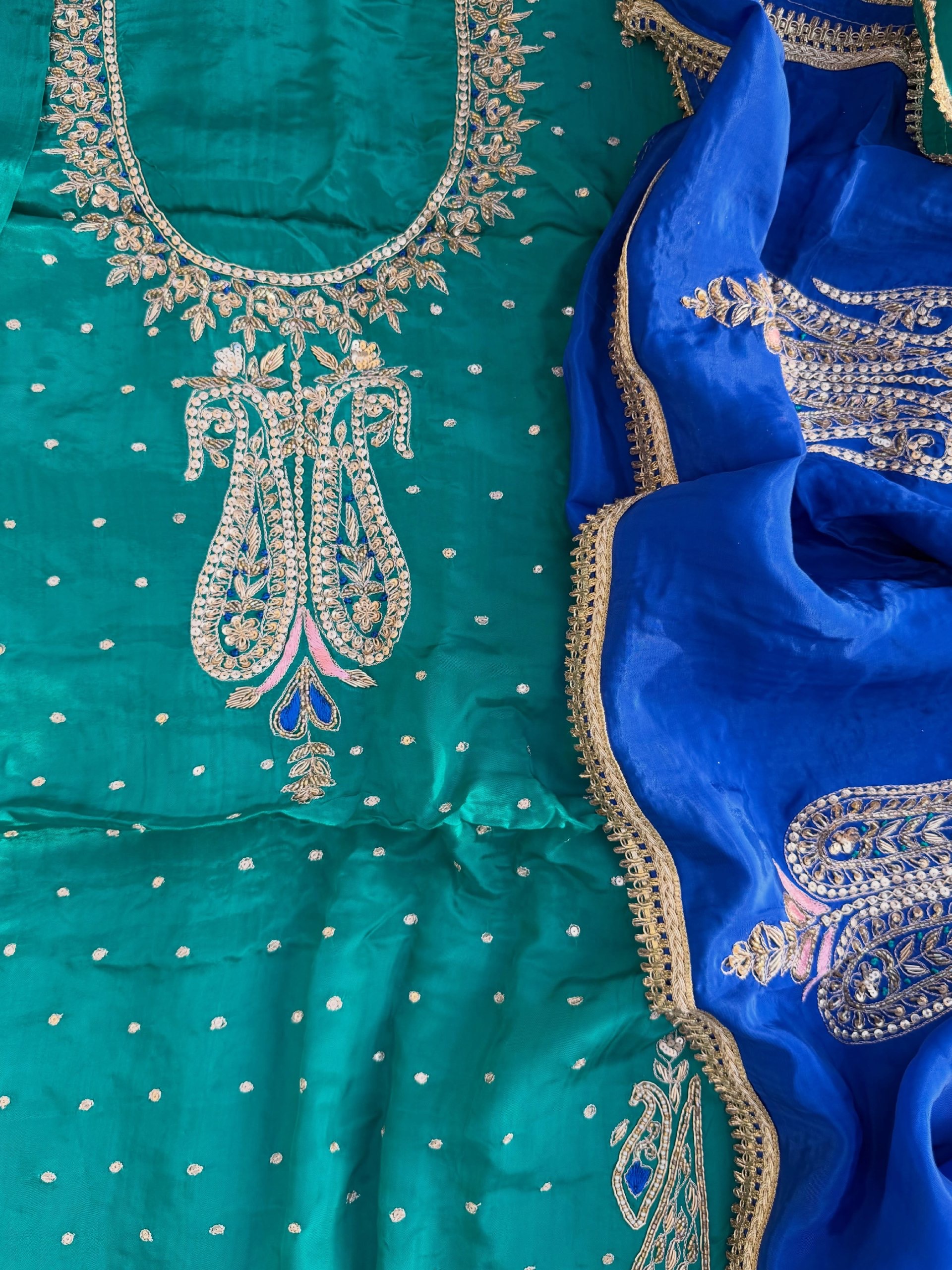Teal Green & Royal Blue Hand Embroidered Suit