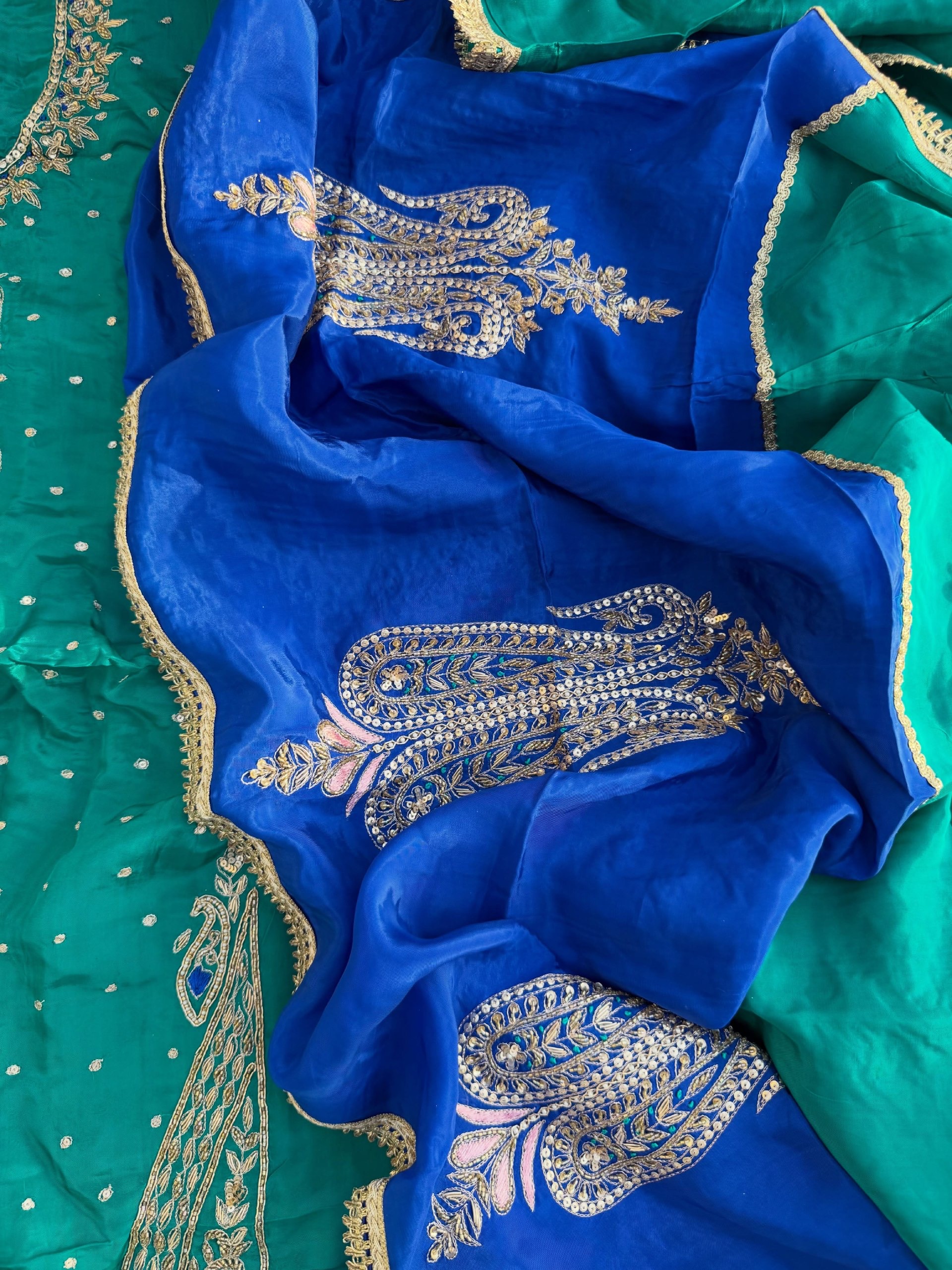 Teal Green & Royal Blue Hand Embroidered Suit