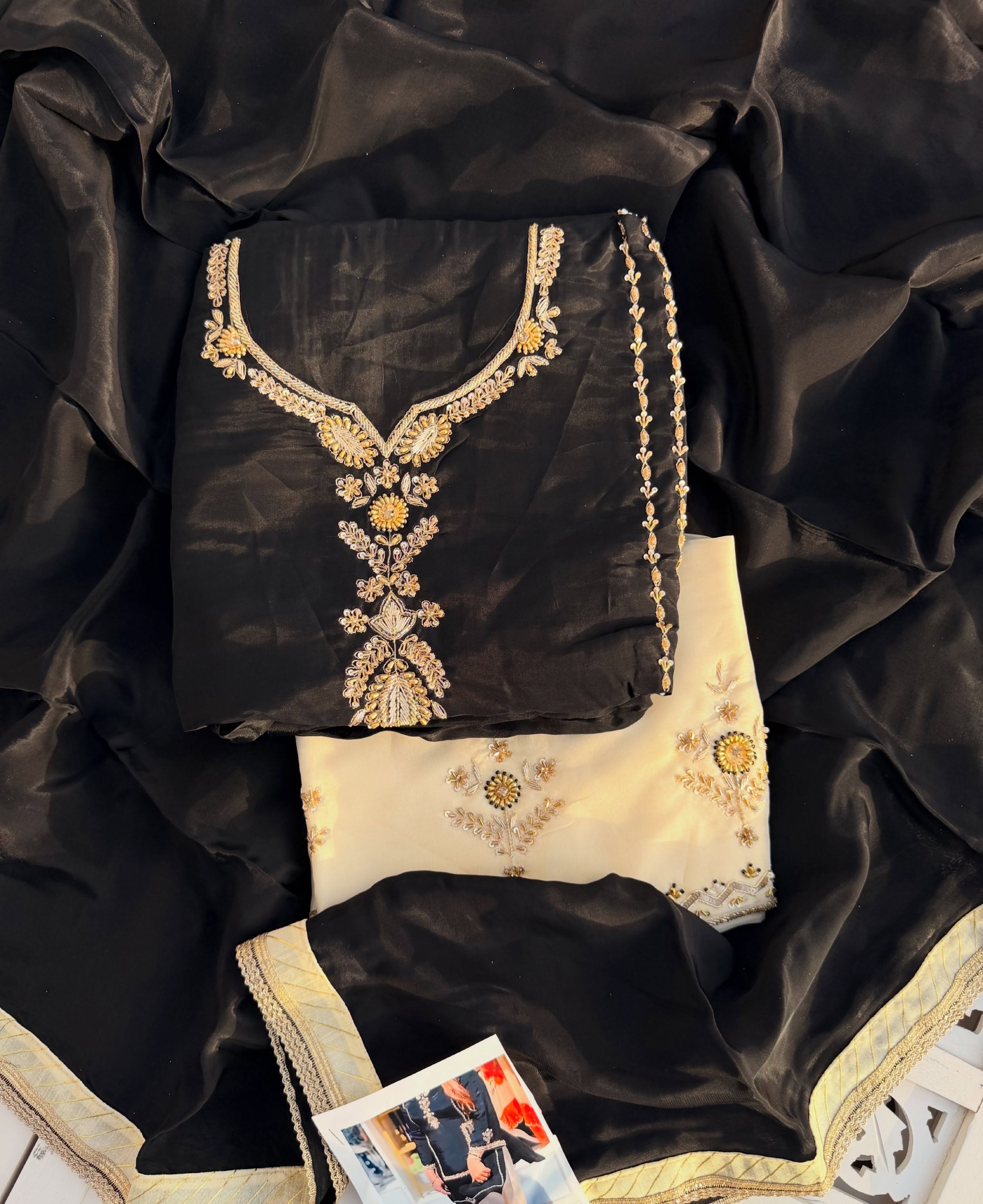 Jet Black & Off-White Hand Embroidered Suit