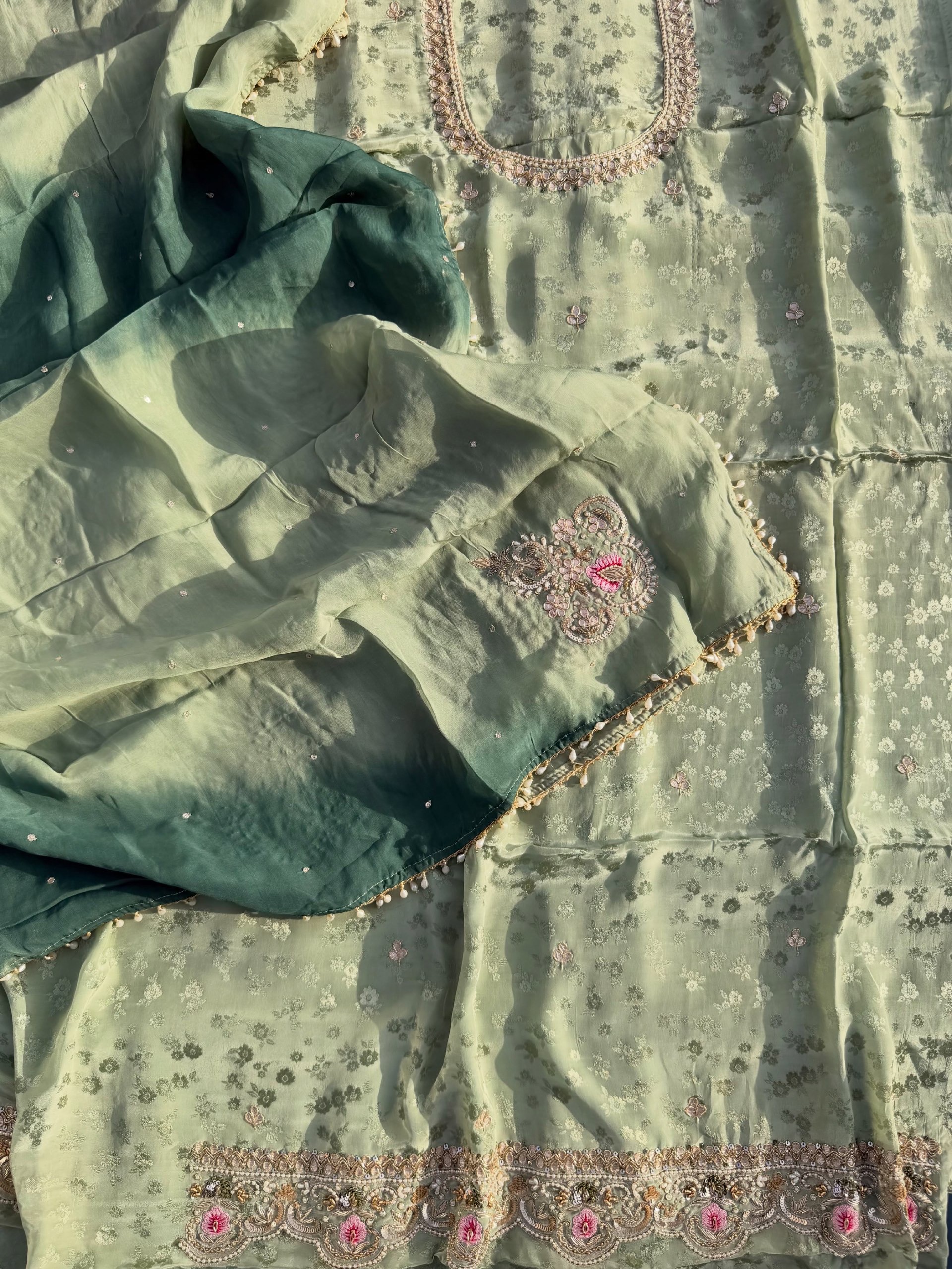 Sage Green Jacquard & Zari Suit