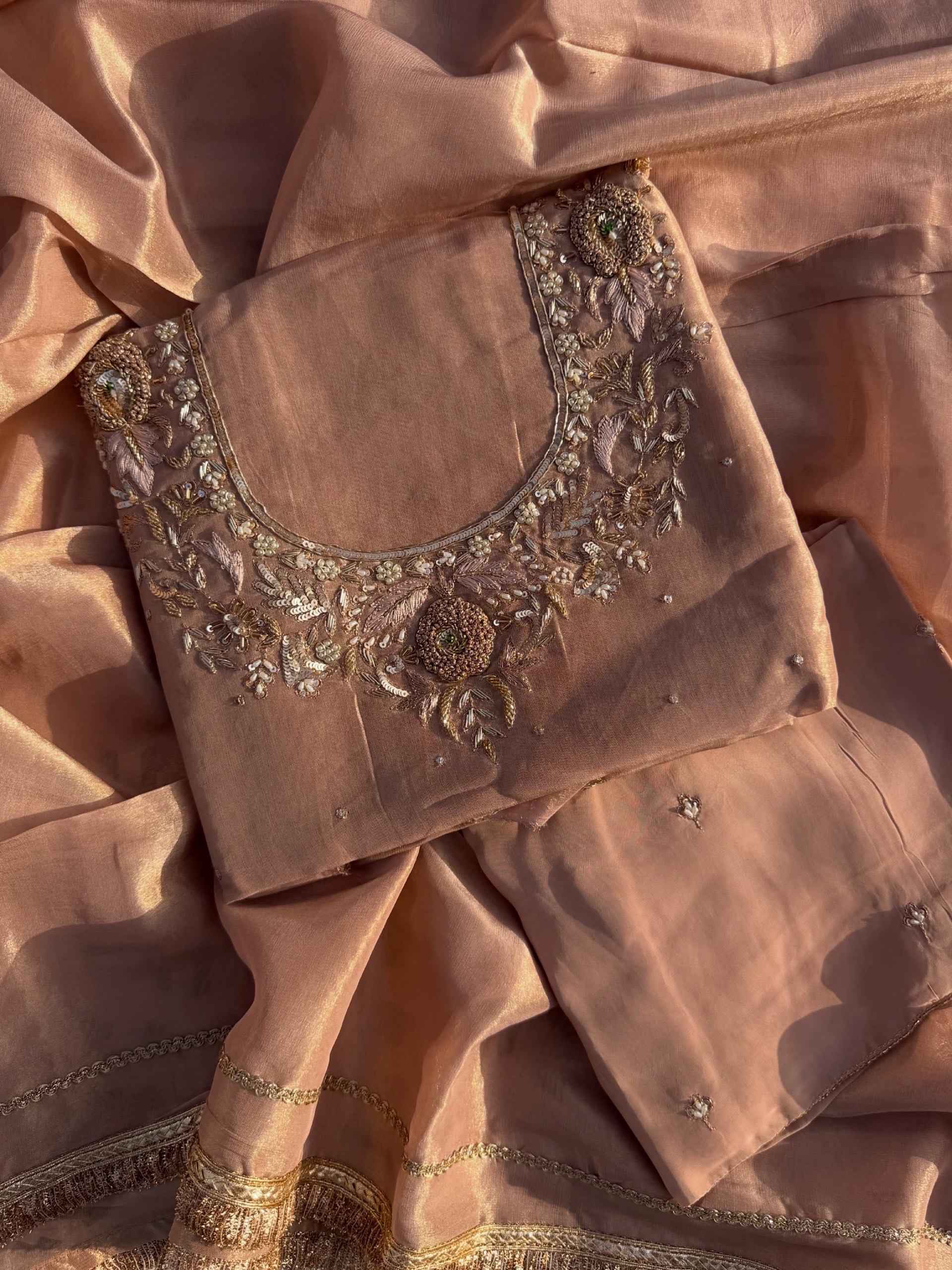 Champagne Metallic tissue shimmer suit