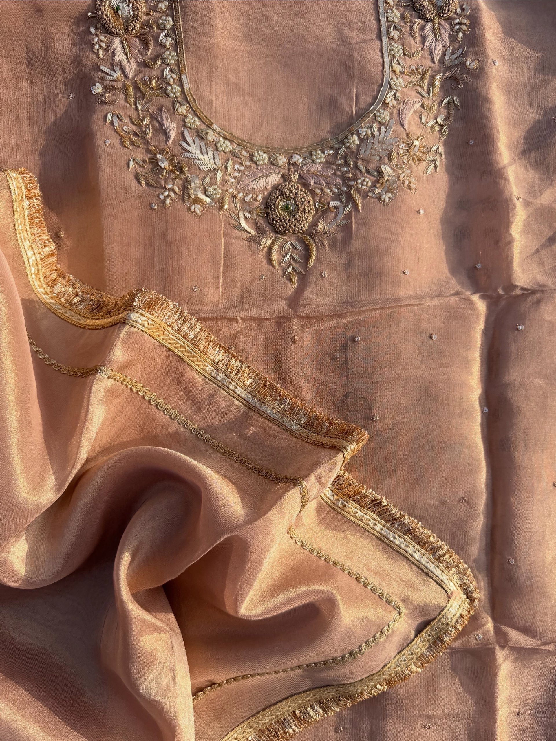 Champagne Metallic tissue shimmer suit