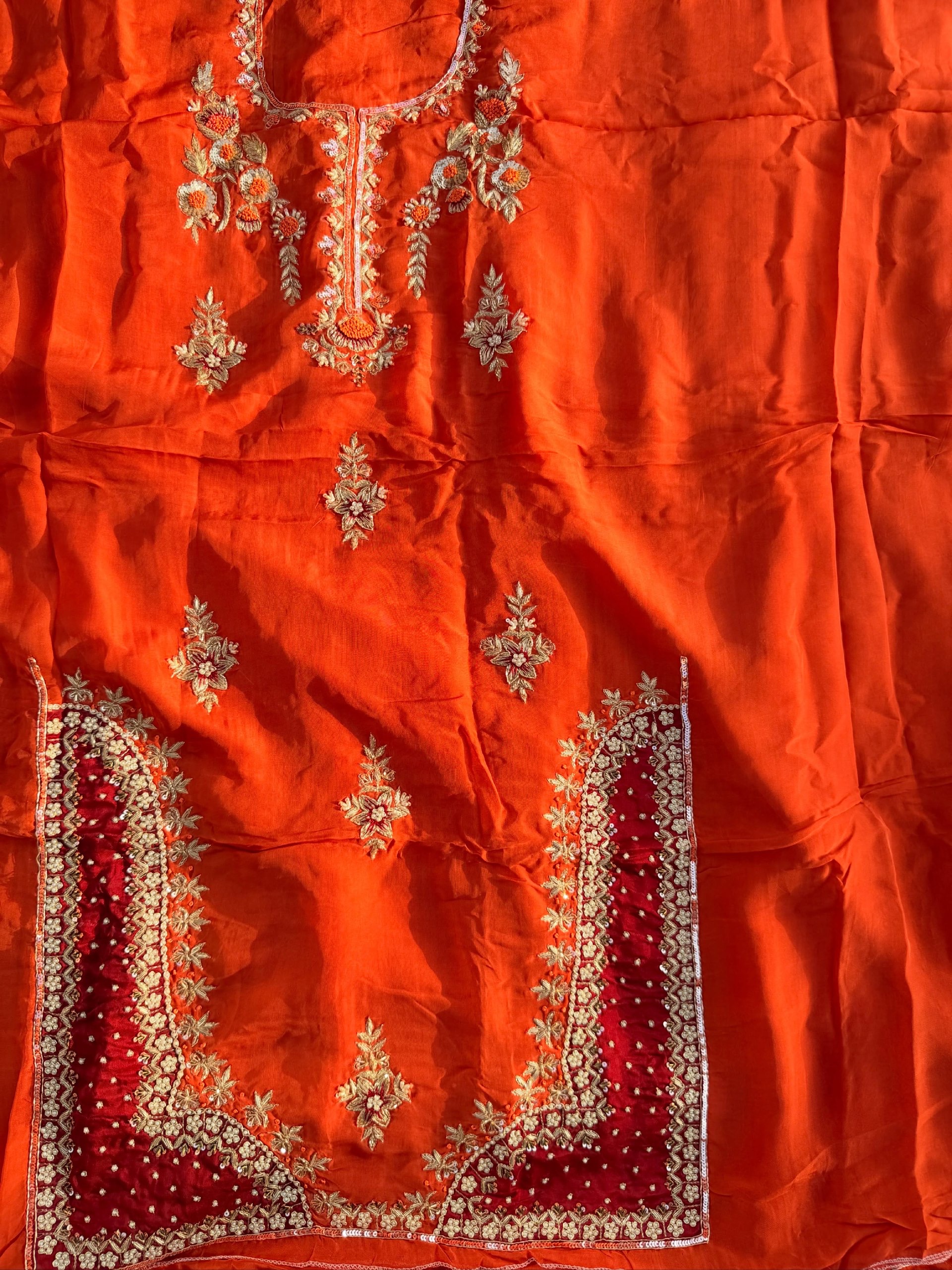Rust Orange & Crimson Maroon Hand Embroidered Suit