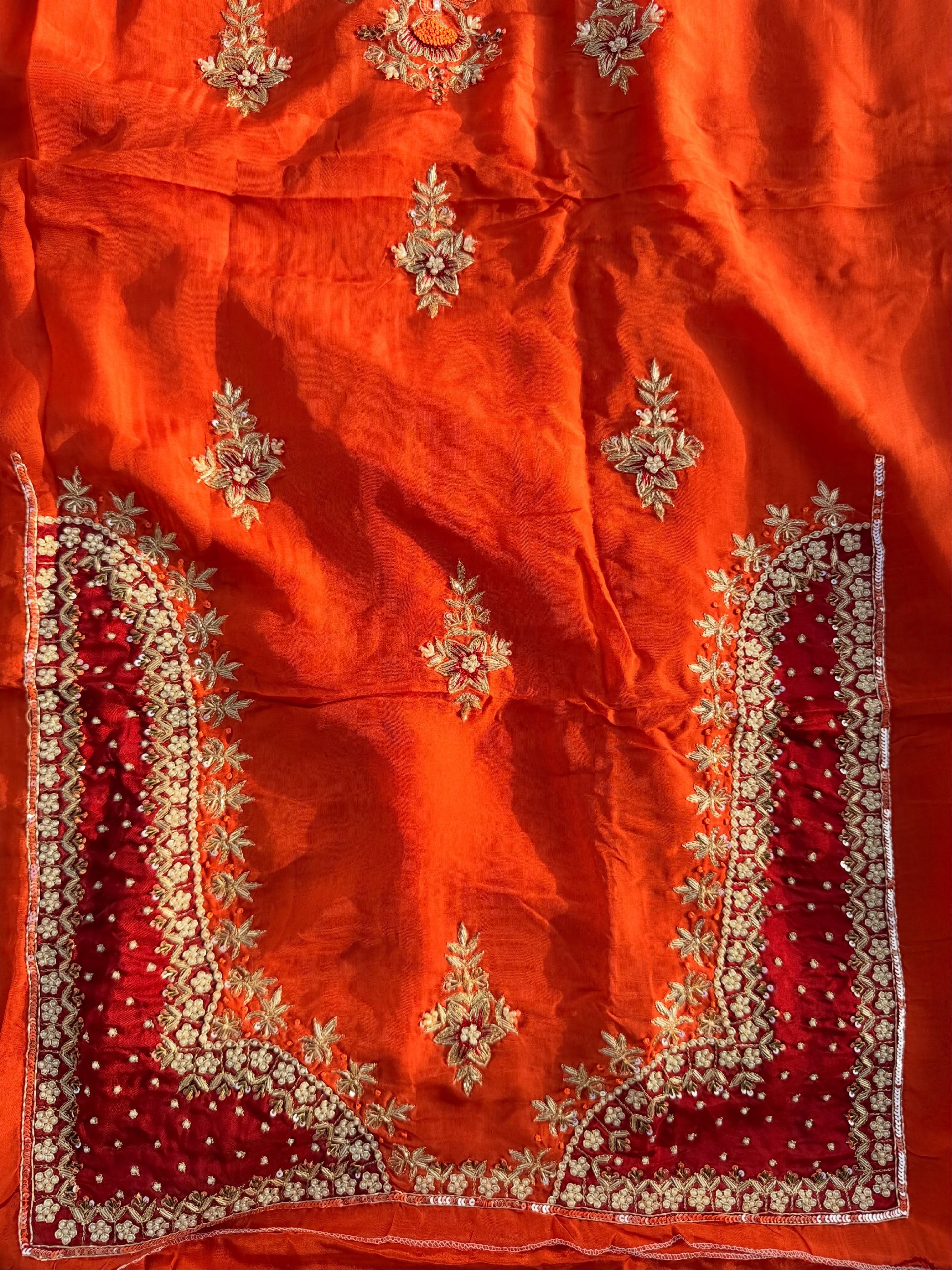 Rust Orange & Crimson Maroon Hand Embroidered Suit