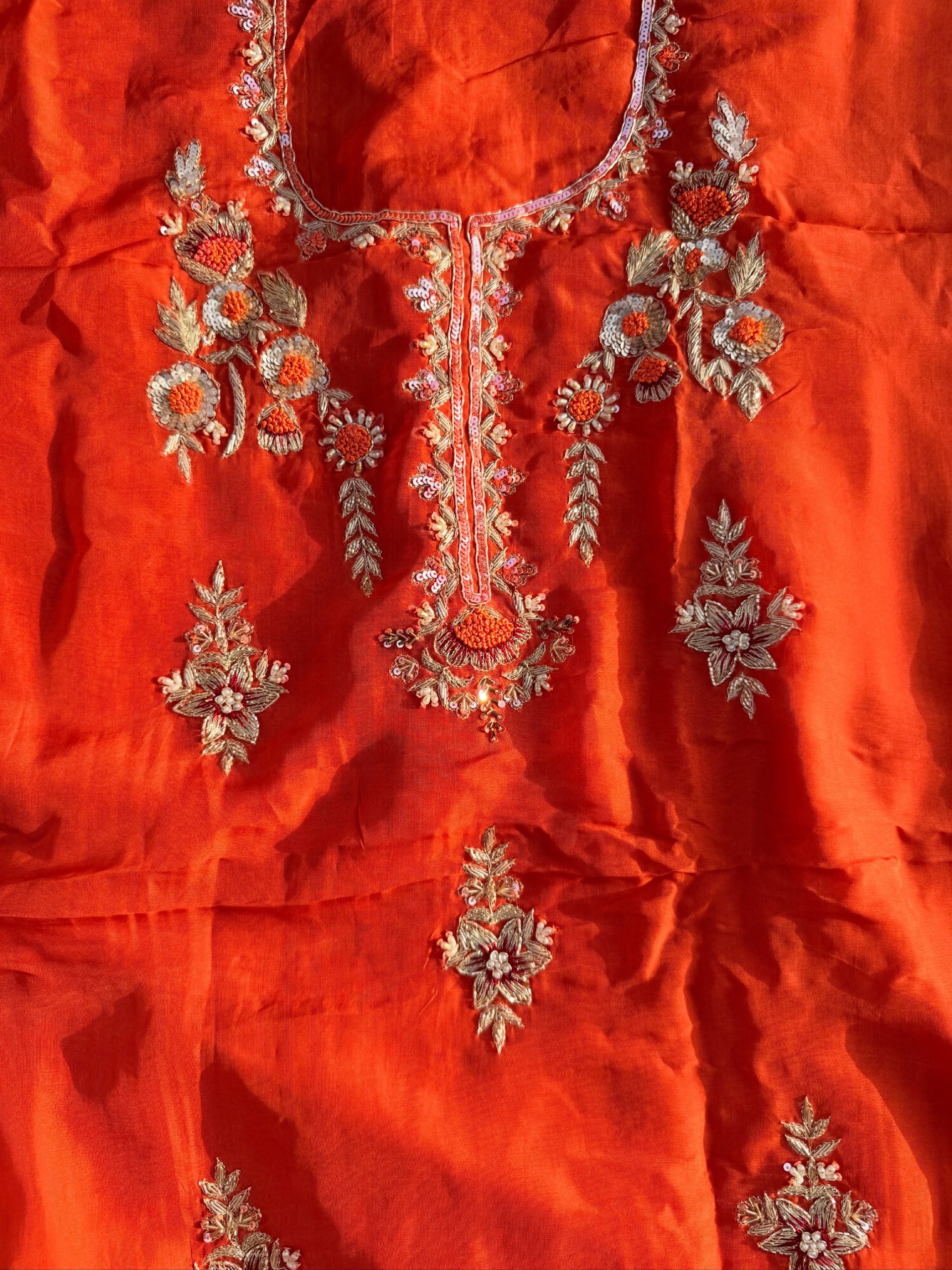 Rust Orange & Crimson Maroon Hand Embroidered Suit