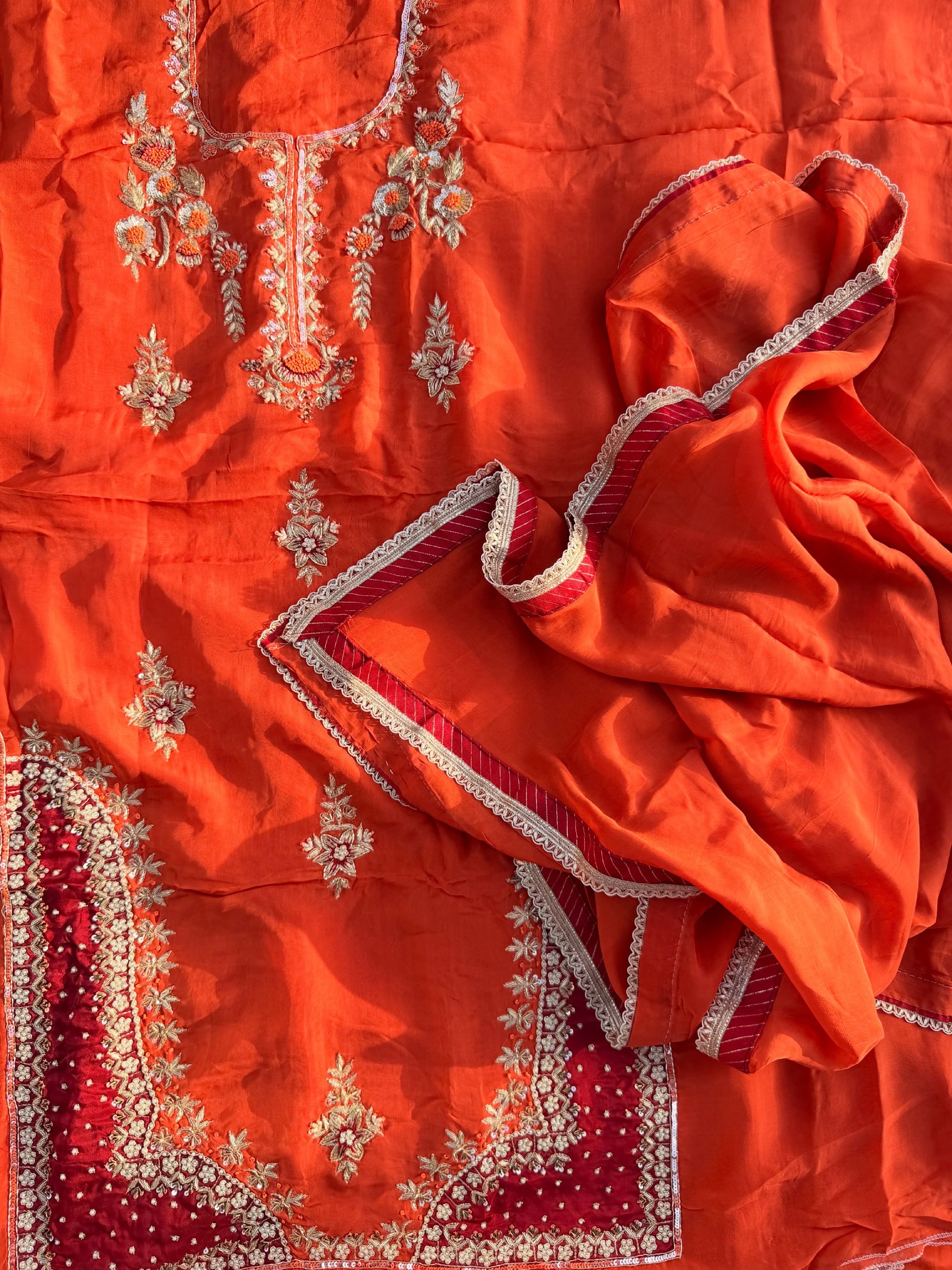 Rust Orange & Crimson Maroon Hand Embroidered Suit