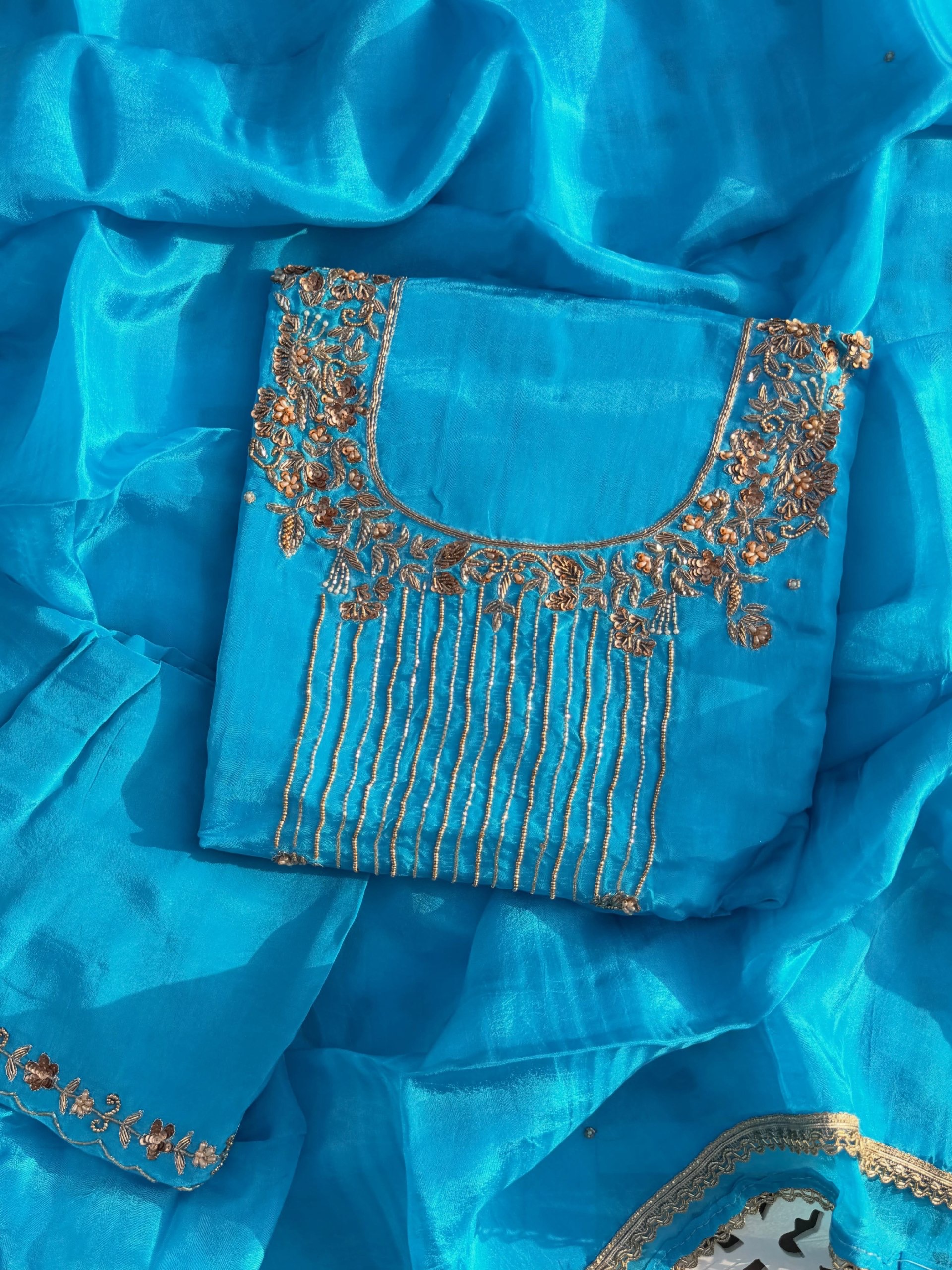 Firozi Blue Hand Embroidered Organza Suit
