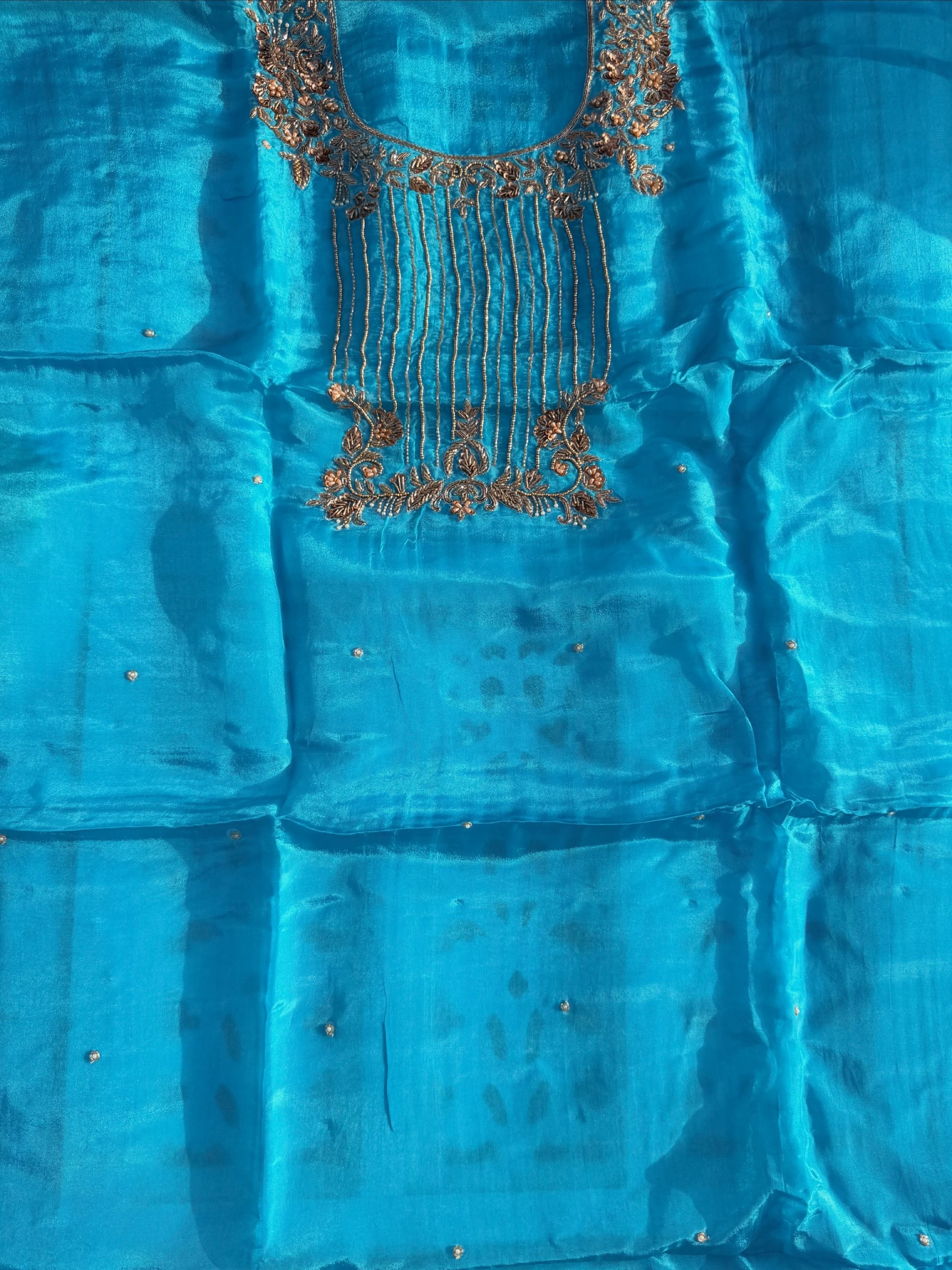 Firozi Blue Hand Embroidered Organza Suit