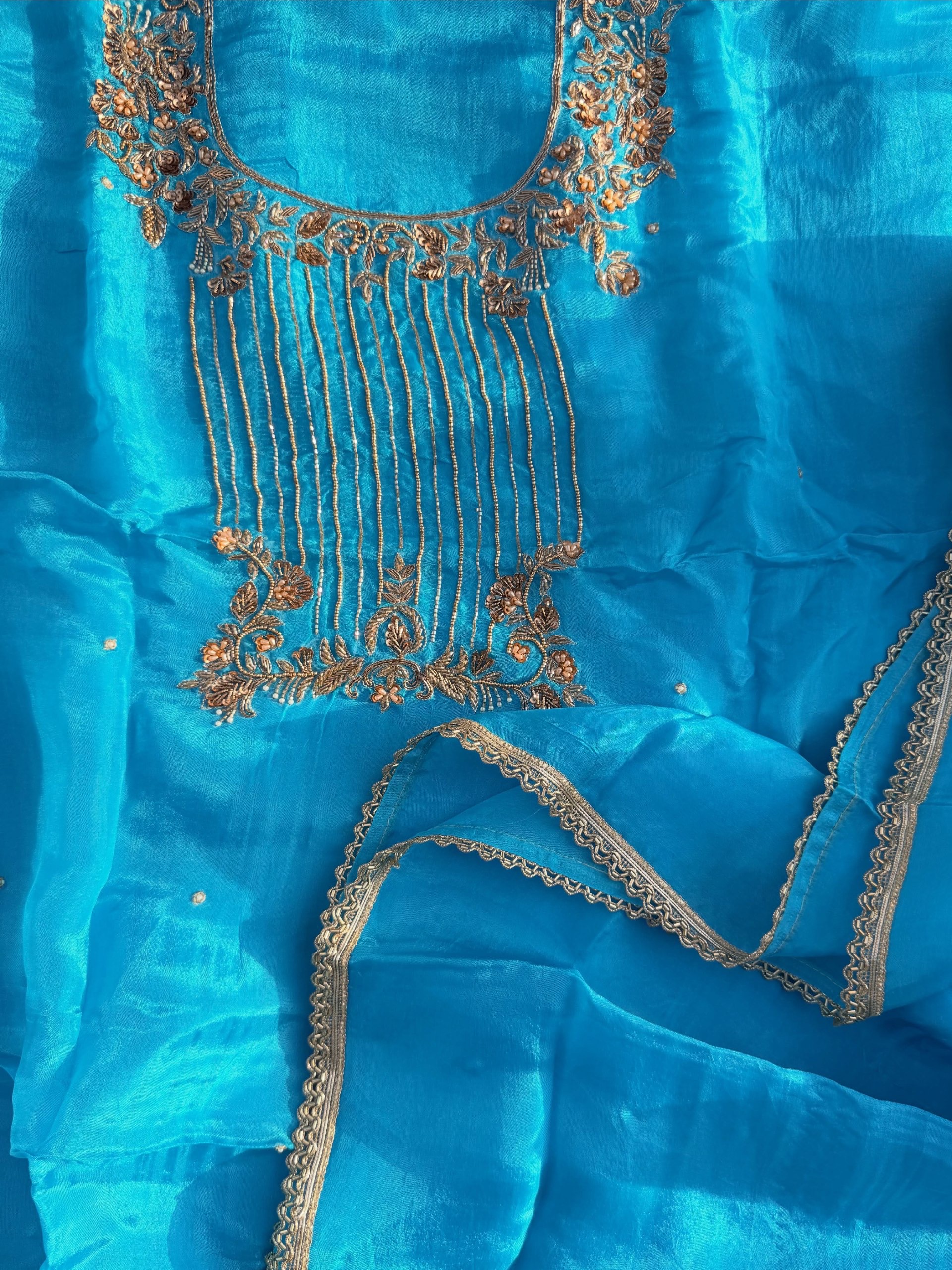 Firozi Blue Hand Embroidered Organza Suit