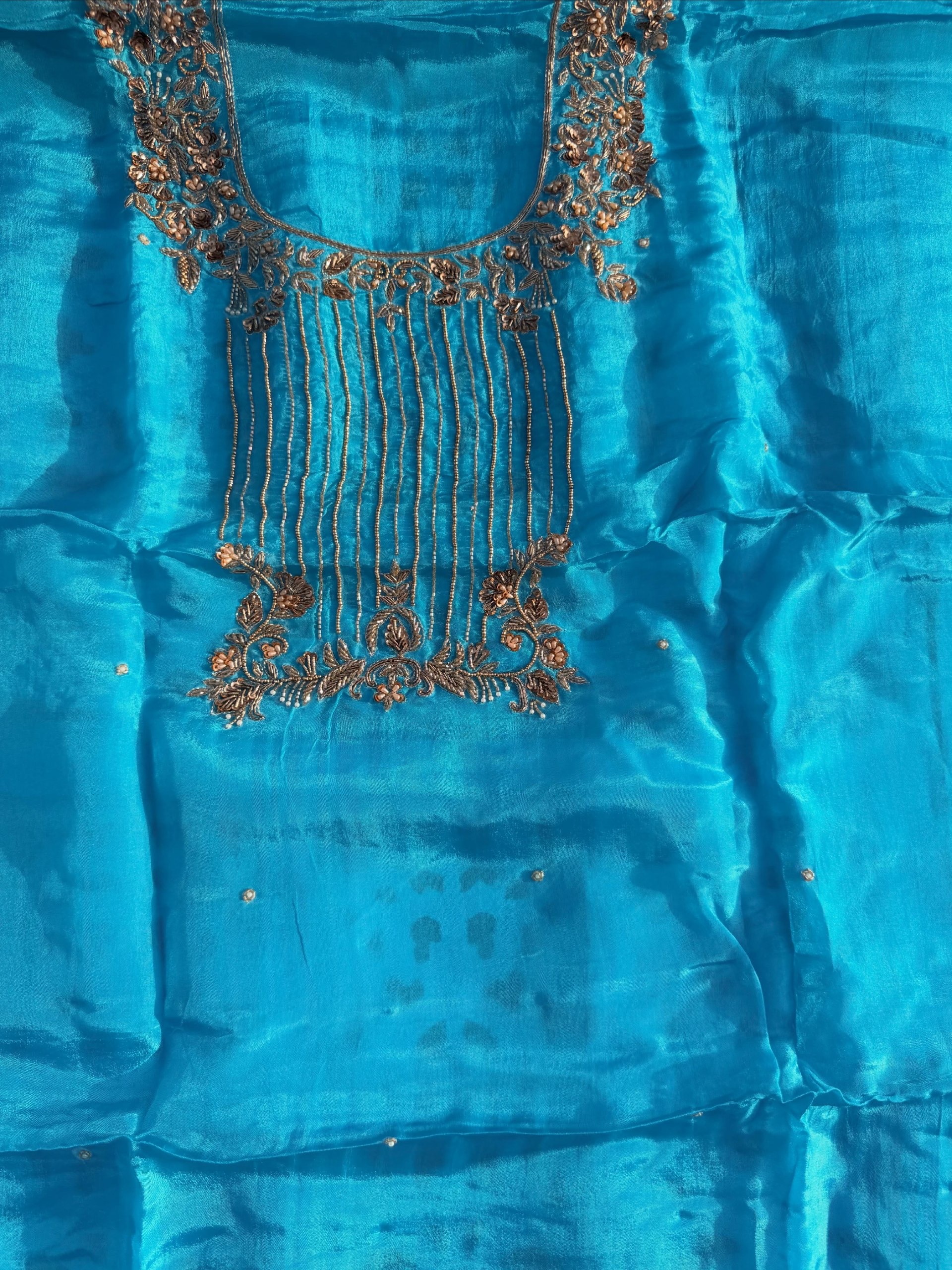 Firozi Blue Hand Embroidered Organza Suit