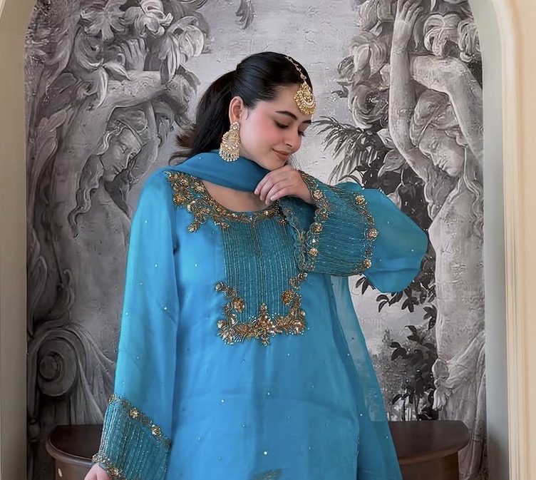 Firozi Blue Hand Embroidered Organza Suit