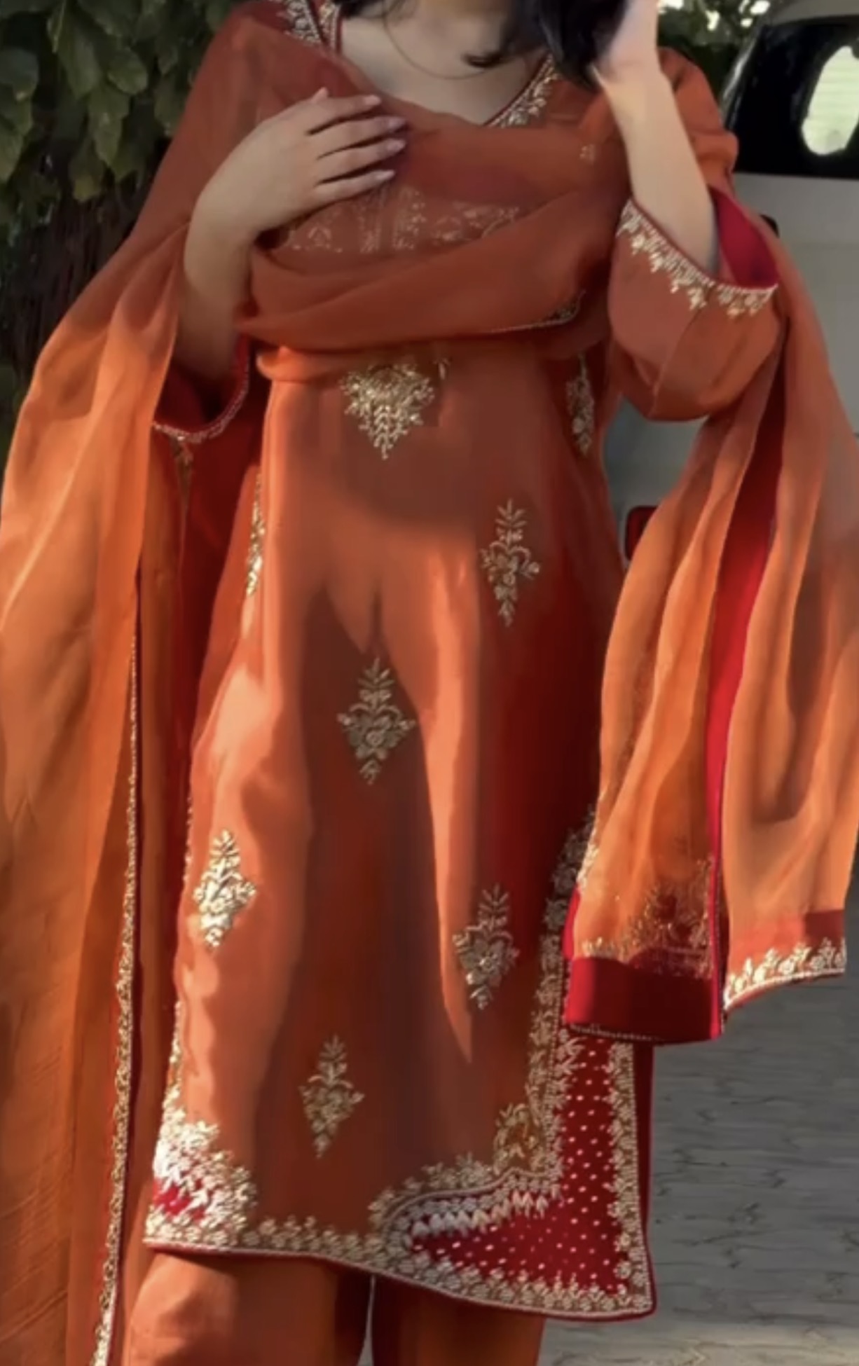 Rust Orange & Crimson Maroon Hand Embroidered Suit