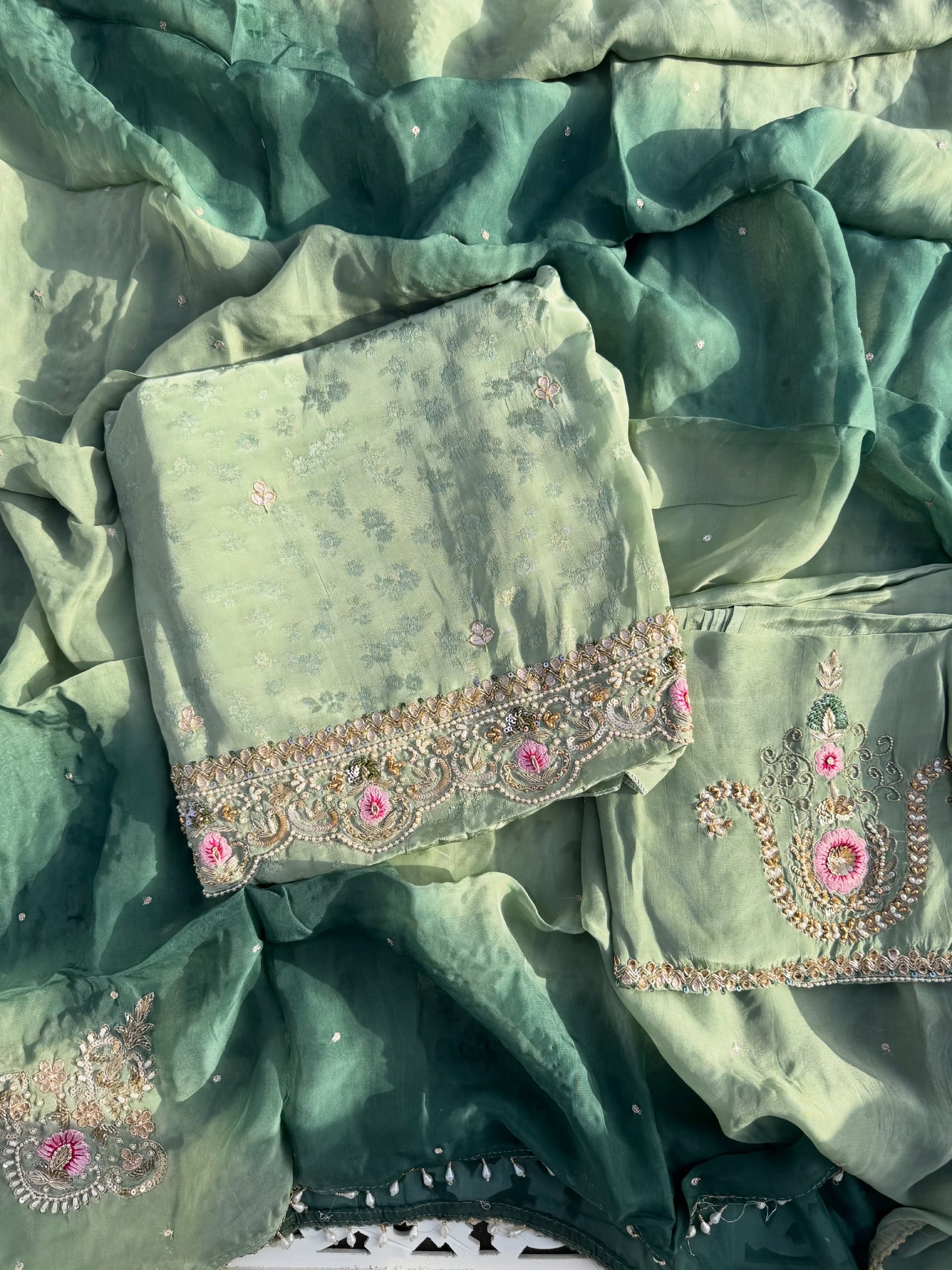 Sage Green Jacquard & Zari Suit